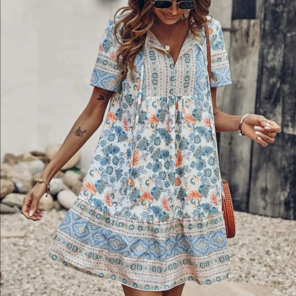 Boho floral print tie neck ruffle hem dress - Picture 2 of 5